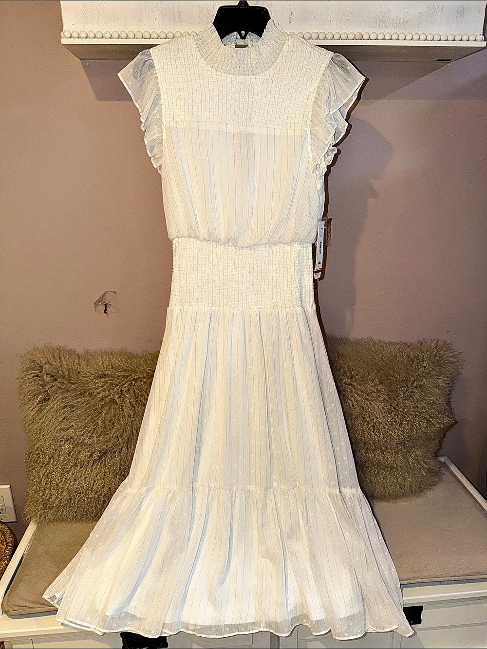 Aqua Ruffled Midi Dress Maxi Polka Dot White Small